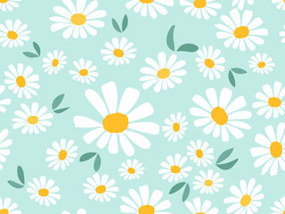 Seamless pattern with daisy flower and green leaves on green background vector illustration.