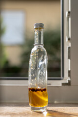 glass bottle with olive oil seasoned with grains and herbs on the kitchen window