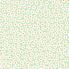 Vector green pastel compact fun daisy flowers repeat pattern with orange center. Suitable for textile, gift wrap and wallpaper.