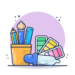 Stationery with Ruler, Pencil, Brush, and Dropper, Color Palette Vector Illustration. Tool, Work, Color, Equipment. Flat Cartoon Style Suitable for Sticker, Wallpaper, Icon, Landing Page, Web.
