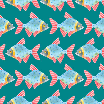 Watercolor seamless pattern of colorful fish. Cute funny carp fish (karps, crucians). Hand drawn texture of an ornament on a turquoise background. Ideal for textiles, packaging, wallpaper, websites, c