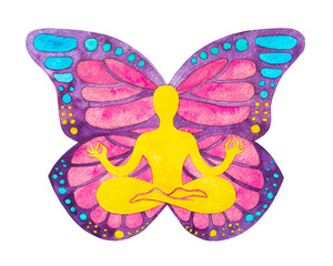 Disegno grafico acquerello una farfalla. Yogi in posizione del loto.