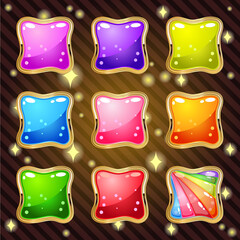 Jelly in border gold for match 3 puzzle game 9 colors. Vector illustration.