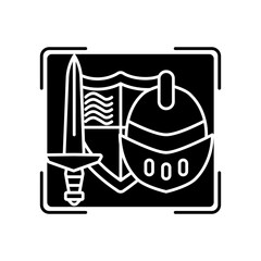 Movie props black glyph icon. Film production items. Movie making equipment. Theatrical property for stage fantasy setting. Silhouette symbol on white space. Vector isolated illustration