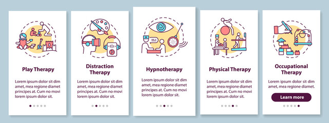 Pediatric palliative care onboarding mobile app page screen with concepts. Children treatment methods walkthrough five steps graphic instructions. UI vector template with RGB color illustrations