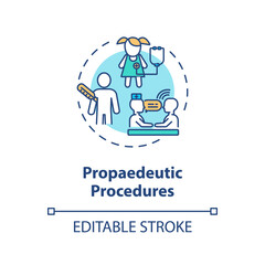 Propaedeutic procedures concept icon. Medical checkup, patient examination idea thin line illustration. Physician consultation service. Vector isolated outline RGB color drawing. Editable stroke