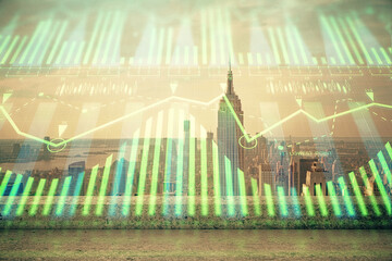 Data theme hologram drawing on city view with skyscrapers background double exposure. Technology concept.