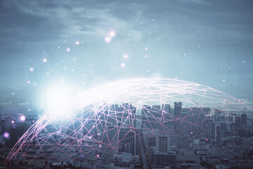 Double exposure of social network theme drawing and cityscape background. Concept of people connecton.