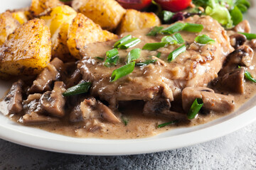Pork loin chop with mushroom sauce and baked potatoes