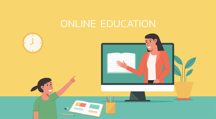 online lesson, online education concept, distance learning from home, female teacher connecting to student via video call on computer, vector flat illustration