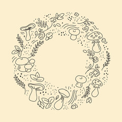 Autumn hand-drawn background layout decorate with leaves and mushrooms.  A round Doodle for posters, a leaflet frame, or a web banner. Vector illustration template on an isolated background.
