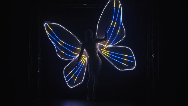 A silhouette of a woman with glowing butterfly wings can be seen on a black background. Theatrical vocal dance show. Slow motion.