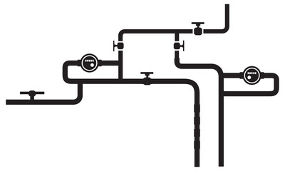 Metal pipe. Water supply system, heat supply, Sewerage of the house on an isolated background. 
Flat Concept in black and white. Vector illustration.
