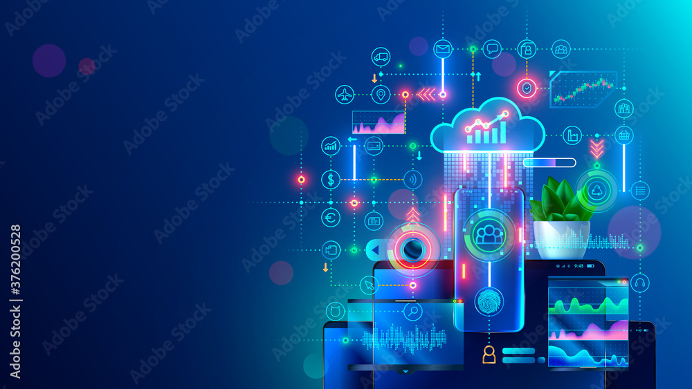 Poster Online internet business conceptual banner. Work in home office and distance collaboration with team through cloud web service. Phone app of digital service management of business on mobile devices.