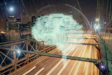 Brain hologram drawing on city scape background Double exposure. Brainstorming concept.