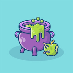 Halloween Cauldron and Apple Vector Illustration. Halloween Decoration Concept. Flat Cartoon Style Suitable for Sticker, Wallpaper, Icon, Landing Page, Web.