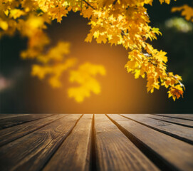 Naklejka na ściany i meble Autumn leaves on wooden path. Falling leaves natural background.