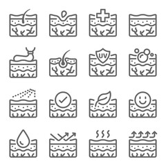 Skin dermatology icon illustration vector set. Contains such icon as Clean, Moistures, Cure, Dry skin, Rash, Epidermis, Skin layers and more. Expanded Stroke