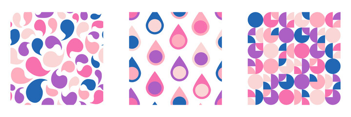 Set of seamless retro futuristic patterns, coloured decorative retro future decor set. Vector illustrations on transparent background.