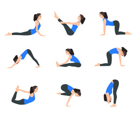 Fototapeta na wymiar Various yoga poses set. Female yoga vector illustration. Healthy lifestyle.