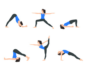 Various yoga poses set. Female yoga vector illustration. Healthy lifestyle.