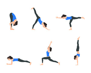 Various yoga poses set. Female yoga vector illustration. Healthy lifestyle.