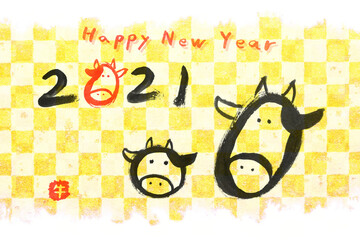 丑年 正月 市松模様 年賀状 2021年