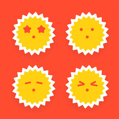 set of sun emoji, element of design. Vector illustration. cute sun emoji isolated on red background. shining bright sun vector illustration. shinning and sunlight emoticon set on yellow. summer sun. 