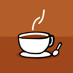 vector illustration of coffe cup with spoon. coffe cup icon on brown background. hand drawn vector. modern scribble for kids, sticker, clip art. cartoon style. doodle coffe. simple sketch with pen. 
