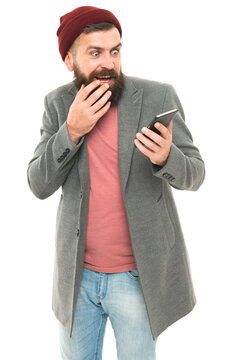 Mobile application concept. Mobile phone always with me. Hipster bearded man use smartphone. Internet surfing social networks with smartphone. Learning new technologies. Man with smartphone