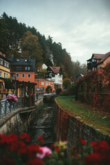 Obraz premium a fragment of a cozy colorful village in Germany and a view of a water canal with red flowers in the foreground