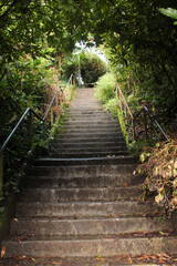 Slippery steep steps of public footpath, concept for obstacle and challenge