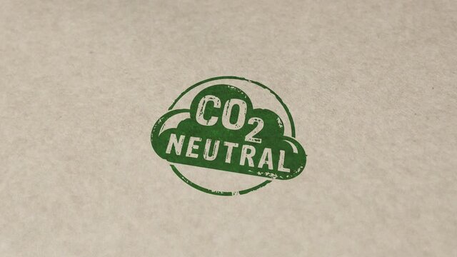 CO2 carbon neutral emission stamp and hand stamping impact animation. Ecology, nature friendly, climate change, green fuel and earth protect 3D rendered concept.