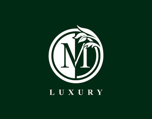 Graceful Circle M Letter Floral Logo. Luxury M Swirl Circle Logo Icon
