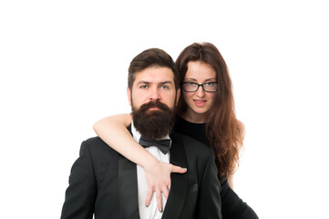 Never let me go. elegant woman. male tuxedo fashion. sexy lady embrace her bearded man. couple in love. business meeting and partnership. love and romance. formal couple grooming for engagement event