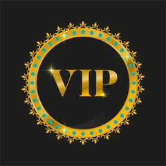 VIP label in the form of a circle with an ornament for use on club cards, invitations, casinos. Inlaid with sapphires. Black and gold colors on a black background with highlights. Isolated.