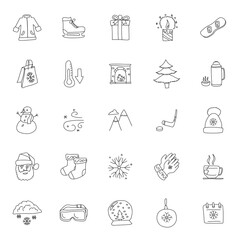 winter hand drawn linear doodles isolated on white background. winter icon set for web and ui design, mobile apps and print products