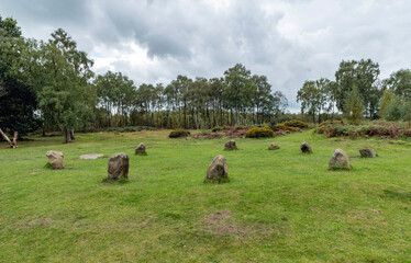 9 Ladies Stone Circle in the Peak District, Stanton Moor, Derbyshire, England.