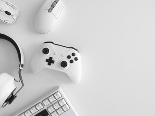 gamer work space concept, top view a gaming gear, mouse, keyboard, joystick and headset. © ekkaphan