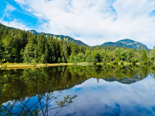 Bayerische Landschaft. Oberhalb Rottach-Egern. Enterrottach zum Suttensee durch das idyllische...