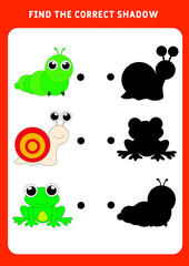 Find the correct shadow of cute cartoon animal . Set of animals. Educational matching game for kids. Worksheet for preschoolers. Vector illustration.