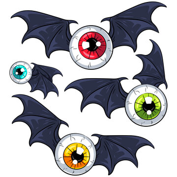 Flying Demonic Eyeballs with Bat Wings vector set. Spooky illustrations for your Halloween, costume party and other designs, menu, party invitations, greeting cards, posters, cover, package, etc.