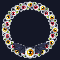 Eyeballs round frame decorated with Bat Winged Eye. Spooky vector illustrations for your Halloween, costume party and other designs, menu, party invitations, greeting cards, posters, package, etc.