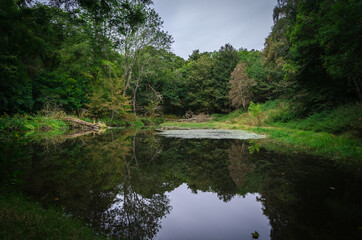 Fototapeta na wymiar Lake with quiet water reflecting the natural environment as a mirror in Fairy Glen Falls, Highlands, Rosemarkie, Scotland, United Kingdom