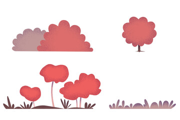 set of bushes red color flat illustration