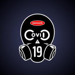 Covid-19 typography design. Gas mask with danger sign. Coronavirus awareness and prevention pictogram. Facemask reminder. Vector illustration. Visual communication design. Biohazard warning.