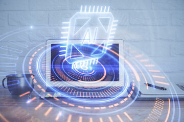 Double exposure of computer and technology theme hud. Concept of innovation.