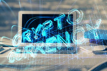 Double exposure of blockchain theme hologram and table with computer background. Concept of bitcoin...