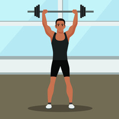 A handsome african american man lifting a barbell with fitness attire inside the gym. Contemporary style, soft blue tinted background. Vector flat design illustrations. Horizontal layout.