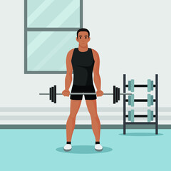 Fototapeta na wymiar A handsome african american man lifting a barbell with fitness attire inside the gym. Contemporary style, soft blue tinted background. Vector flat design illustrations. Horizontal layout.